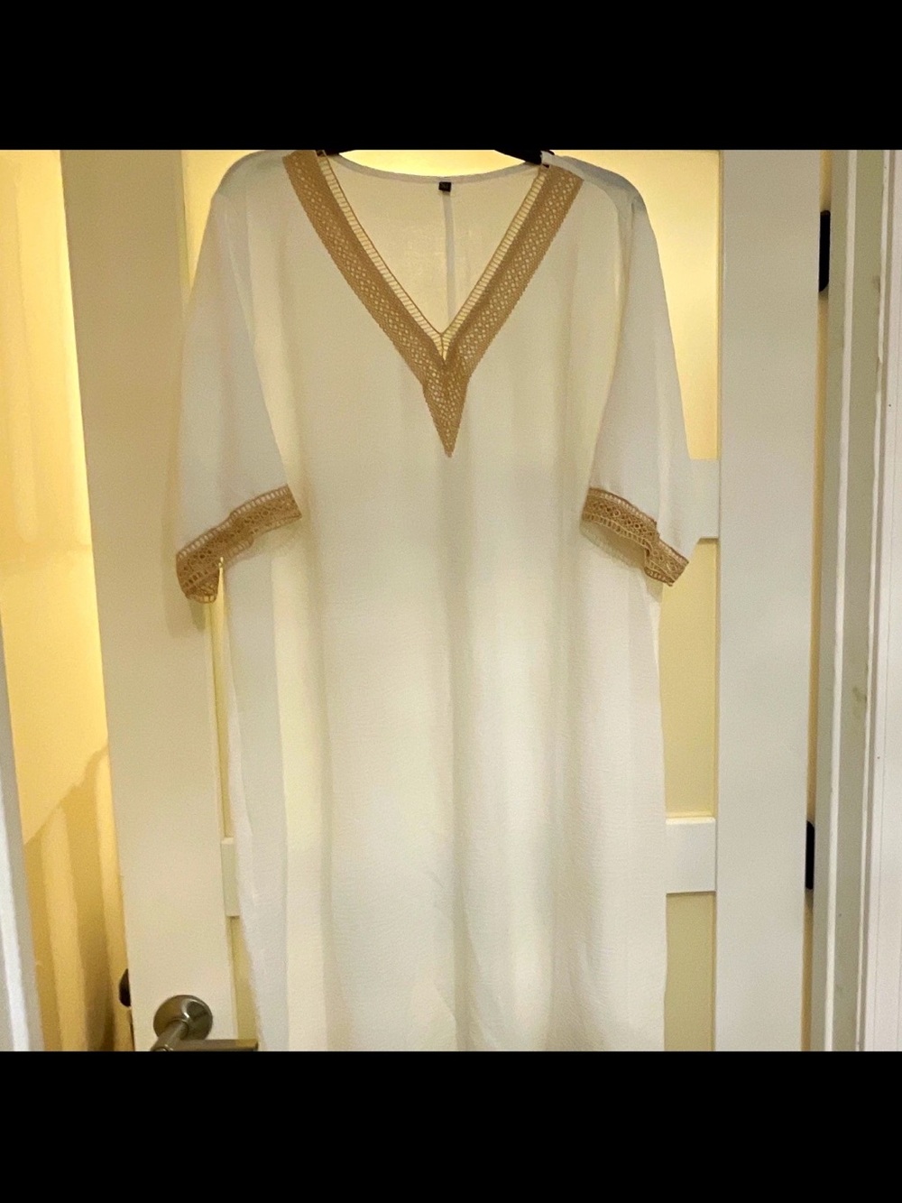 3XL White Beach Cover-Up with Tan Crochet Trim